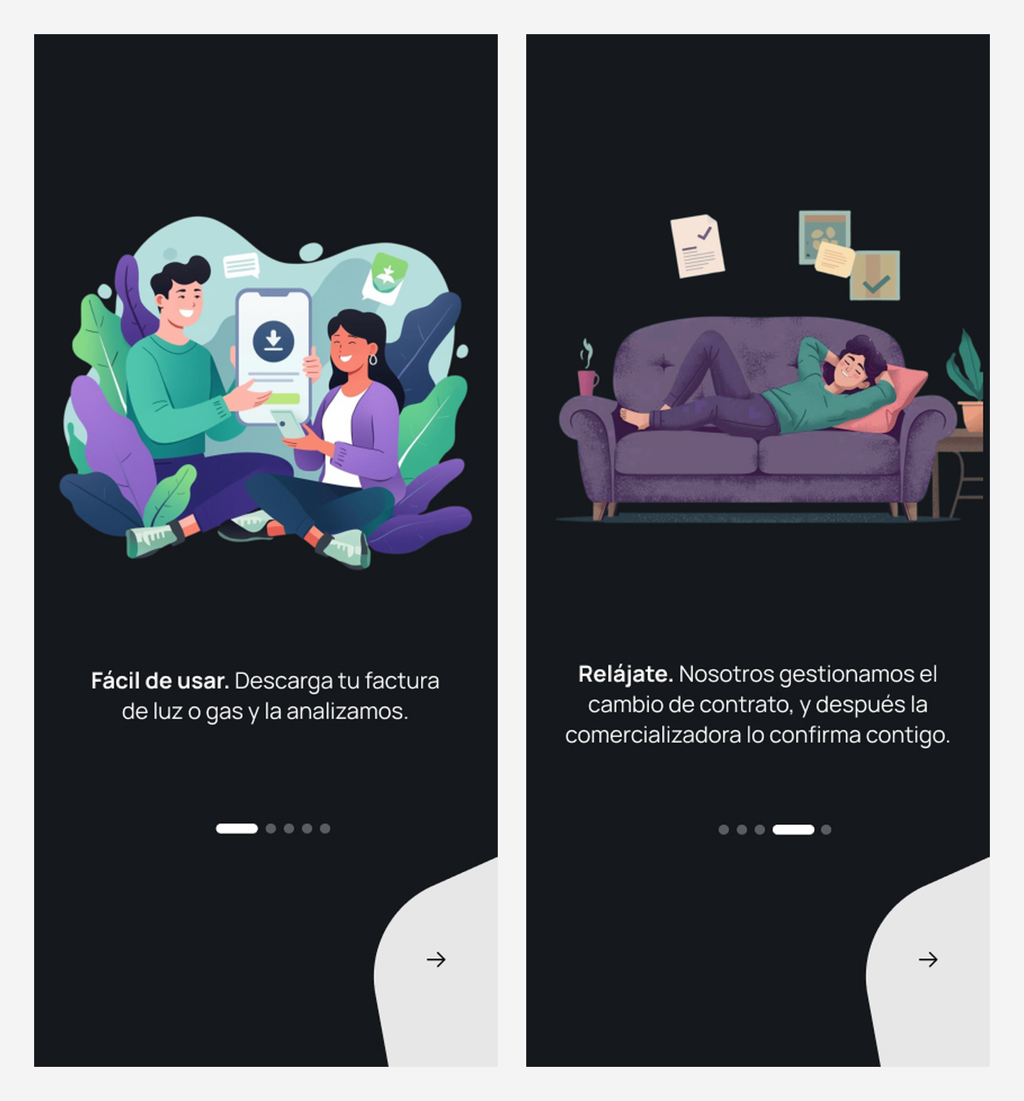 Onboarding de Robin Luz, cuatro pantallas de beneficio y una de autorización de datos